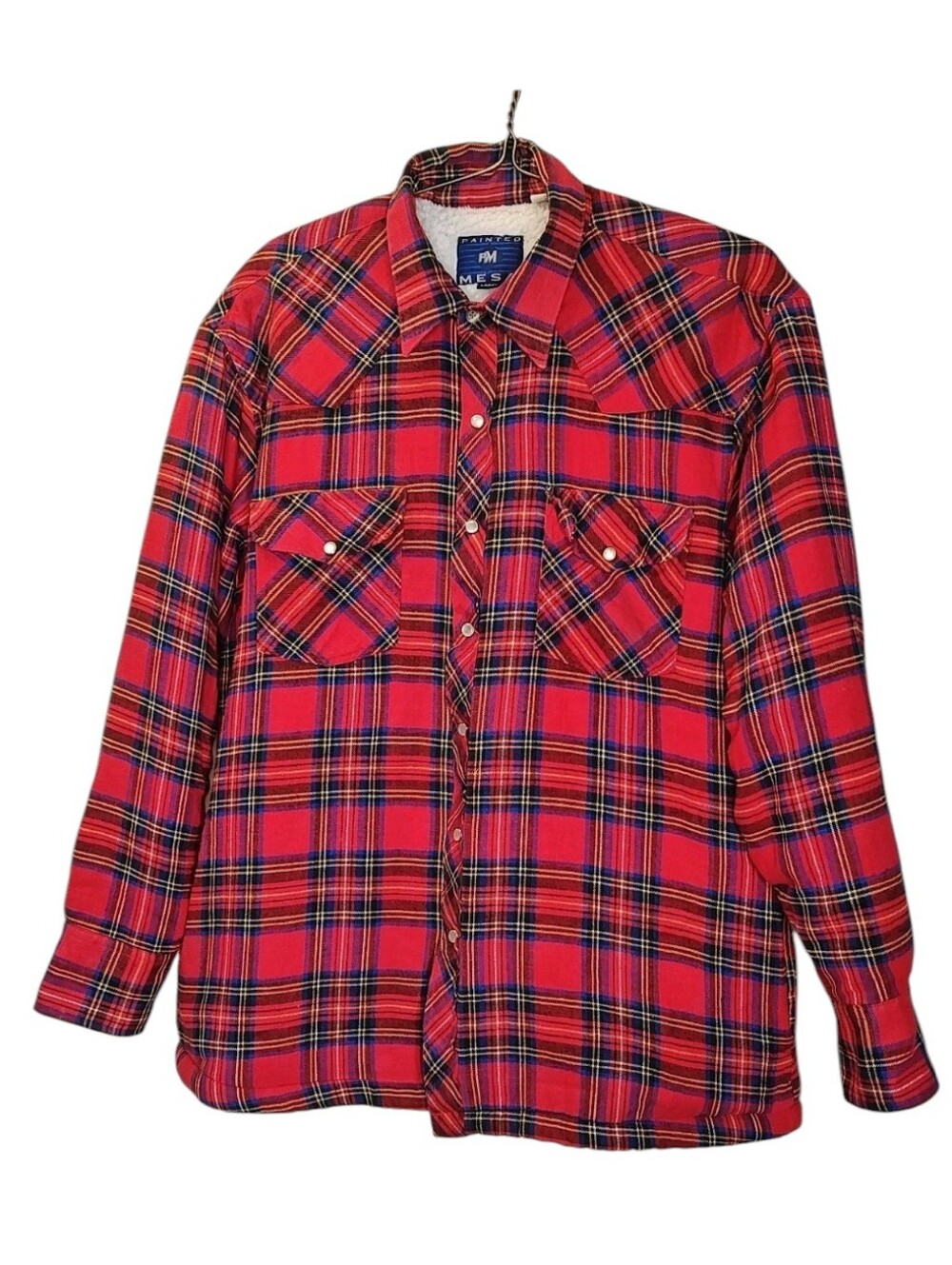 Vintage Sherpa Flannel Jacket Men L Red Plaid Western Pearl Snap Front Shacket